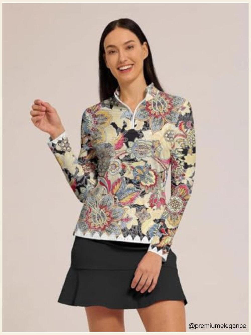Long Sleeve Quarter Zip UPF 50+ Printed Athletic Workout Top - Picture 2 of 6